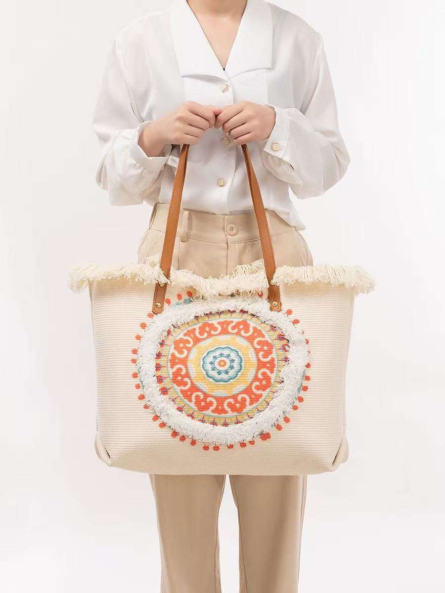 Women'S Raffia Bags - 라피아 토트백, 컬러풀한 만다라 패치, 갈색